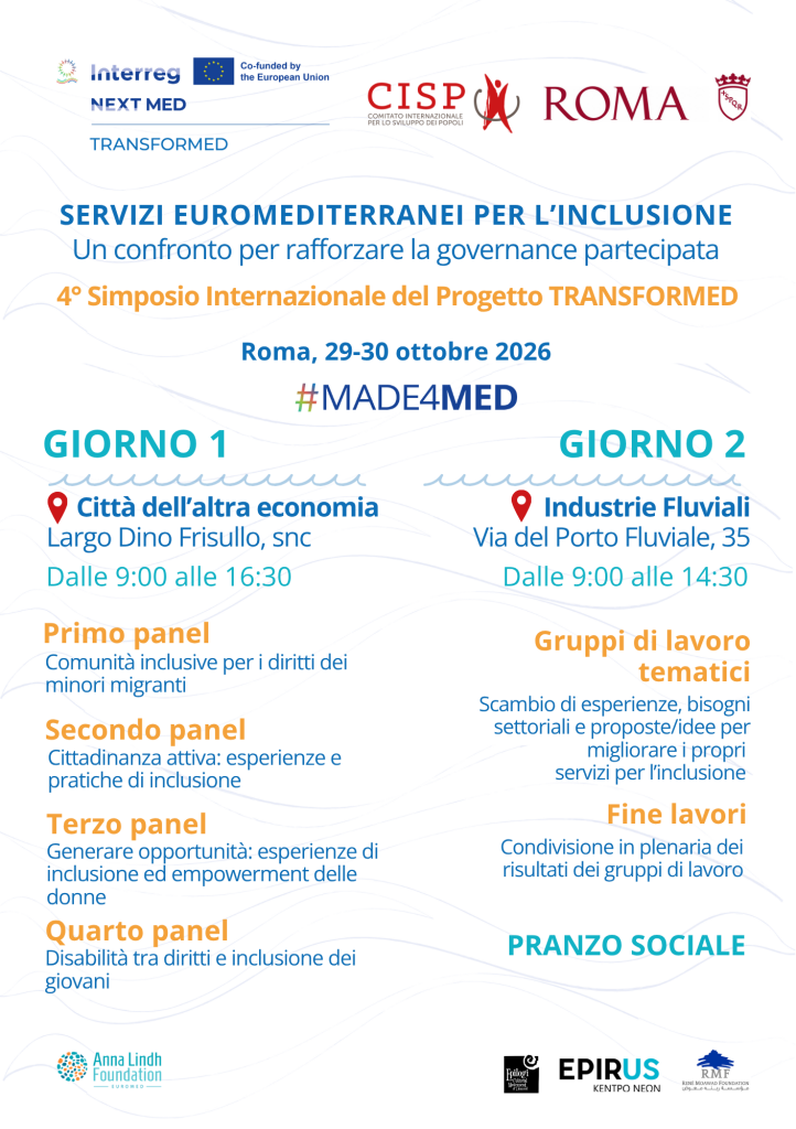 Servizi euromediterranei per l’inclusione: Un confronto per rafforzare la governance partecipata 1 Locandina 4° Simposio - Roma 29-30 ottobre 2026